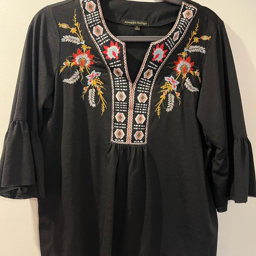 Always Indigo Black Embroidered V-Neck Tunic